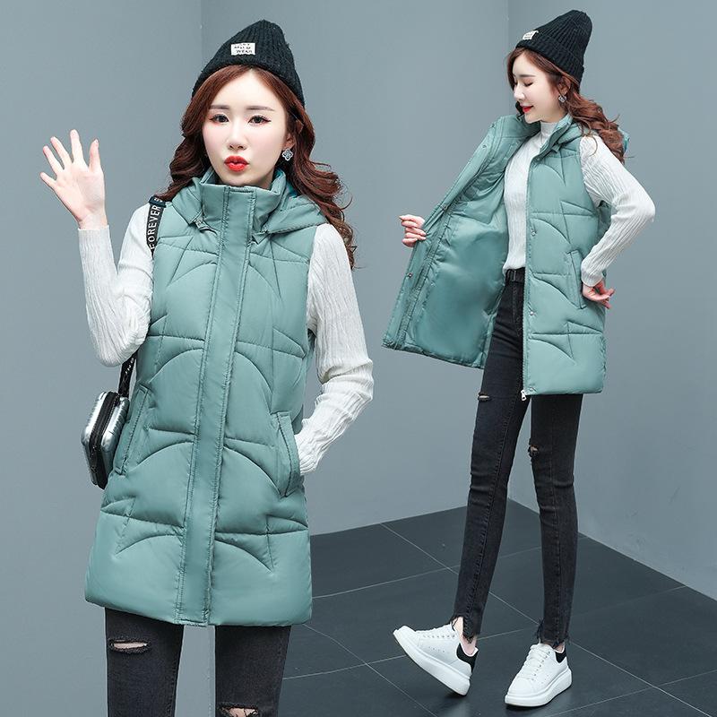 Осенне-зимняя женская однотонная свободная утолщенная теплая жилетка без рукавов средней длины с капюшоном, женская куртка