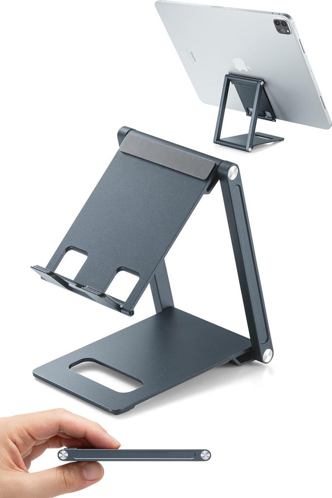Sanwa Direct Tablet Smartphone Stand Tabletop Folding Thin Compact Stepless Angle Adjustment Aluminum Mobile Monitor Stand 200-STN075