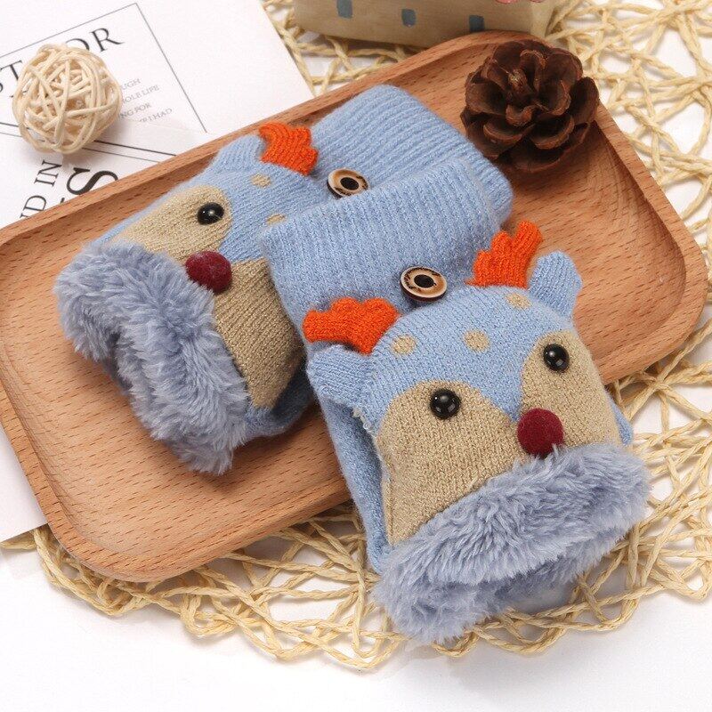 4-12 Years Children Gloves Winter Knitted Half Finger Plush Thick Warm Cartoon Boy Girl Christmas Flip Gloves