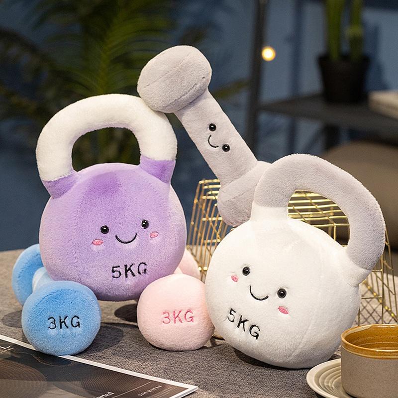 Cute Kettle-bell Dumbbell Plush Pillow Stuffed Smiling Face Fitness Sports Equipment Plushie Home Decor Men Gift