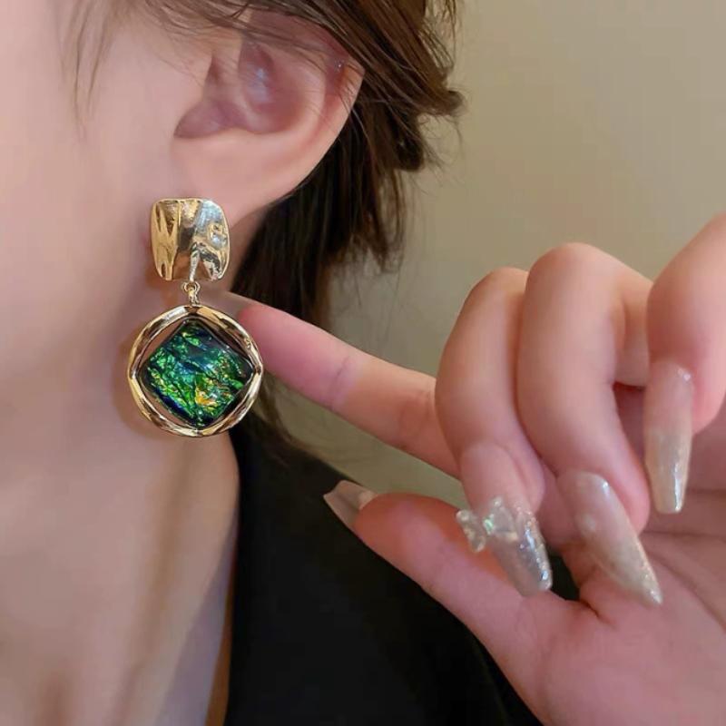 Ретро Тренд Градиент Зеленый Цвет Геометрические Подвески Серьги, Женские Персонализированные Этнический Стиль Праздничные Аксессуары Циркон