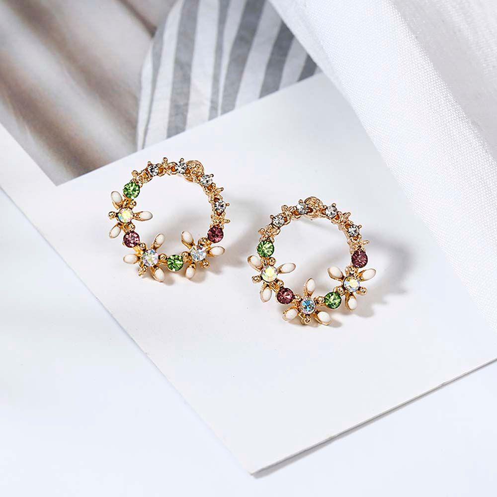 Summer Cute Rhinestone Colorful New Small Wreath Stud Earrings Earring Flower Circle Drop Earrings