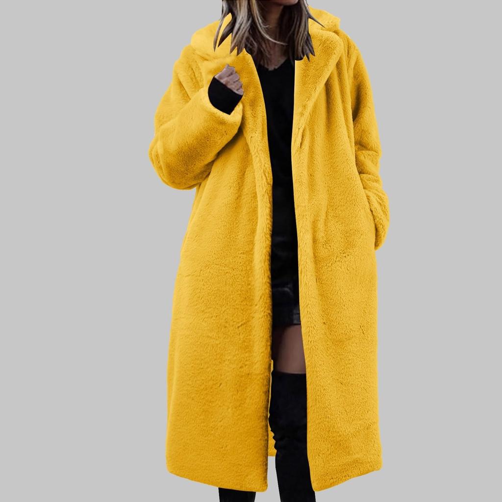 Women's Long Solid Color Fashionable Winter Loose Flip Collar Plush Jacket