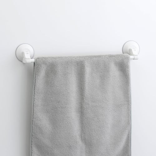 Lever-operated, strong suction cup towel rack, white, 44cm long (36cm wide), 4kg weight capacity, suitable for face towels