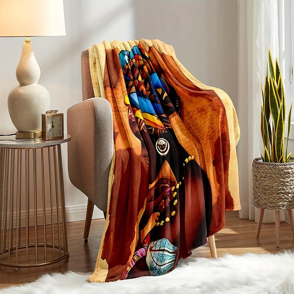 African Woman Flannel Blanket – Vibrant Soft Throw – Multi-Purpose for Couch Bed Camping – Warm Stylish Home Decor