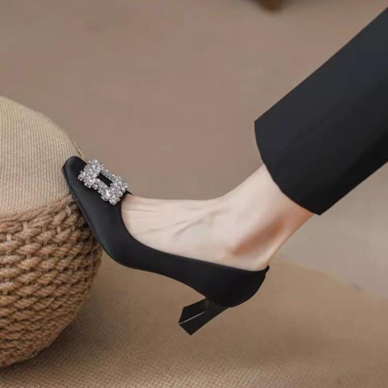Атласные туфли на толстом каблуке с квадратным носком, женские новые осенние ретро черные профессиональные туфли со стразами и квадратной пряжкой