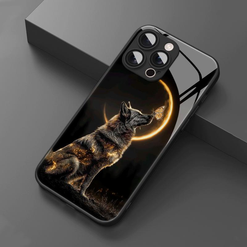 Черный волк на луне Закаленное стекло Чехол для телефона Подходит для iPhone 17 16 15 14 13 12 11 Pro/Max/Plus Ударопрочная задняя крышка