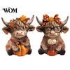 Wooden Base Ornament 2PCS Highland Cow Ornament, Rustic Style Figurine, Thanksgiving Home Accent Theme Wood Art, for Entrance Living Room Decor Animal