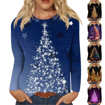 Женская мода Повседневная футболка с длинным рукавом с рождественским принтом и круглым вырезом Топ