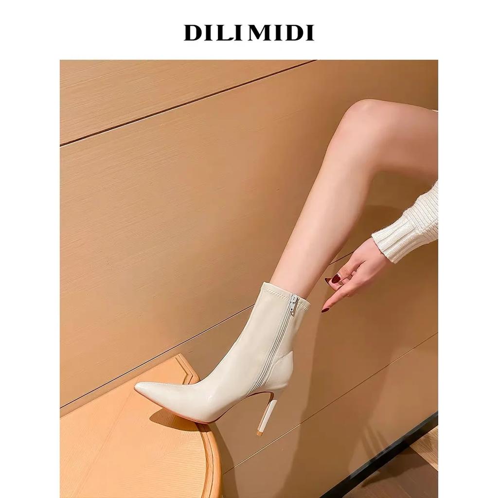 2024 New Spring and Autumn Fashion Women's High Heels Solid Color Pointed Toe Stiletto Heel Side Zipper White Short Boots White