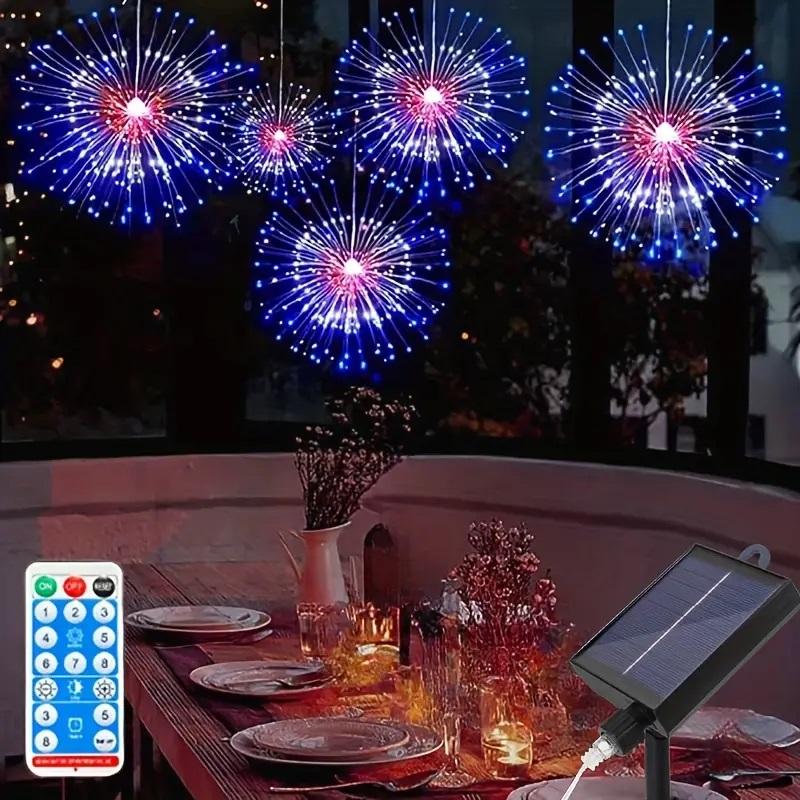 5 шт. 300 светодиодных солнечных лампочек, фейерверки, дистанционное управление, таймер, 8 режимов, регулируемая яркость, водонепроницаемые, подвесные гирлянды для вечеринок на патио