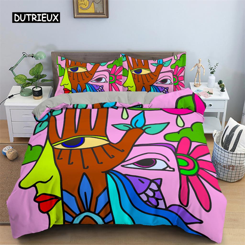 Пододеяльник с абстрактным человеческим лицом, двуспальный, двуспальный, из микрофибры, мистический рисунок, комплект постельного белья с психоделическим граффити