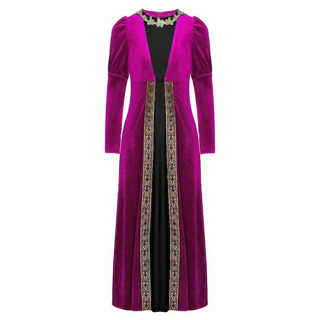 Girls Renaissance Princess Dress Velvet Long Sleeve Gold Flower Patchwork Medieval Retro Party Costume