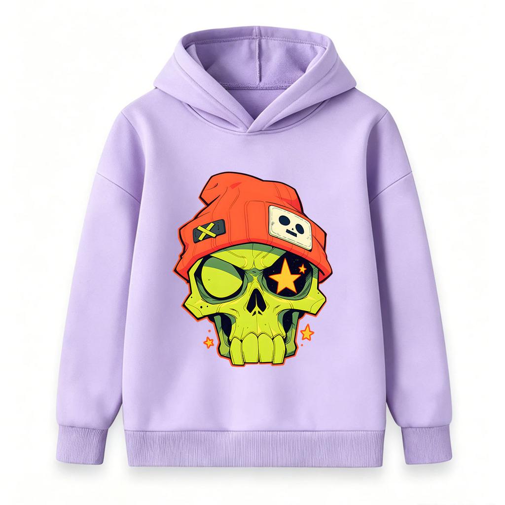 Kids Boys Girls Cozy Pullover Hoodie, Cool Cartoon Green Skull With Orange Beanie Star Graphic Casual Long Sleeve Hooded Sweatshirt For Streetwear