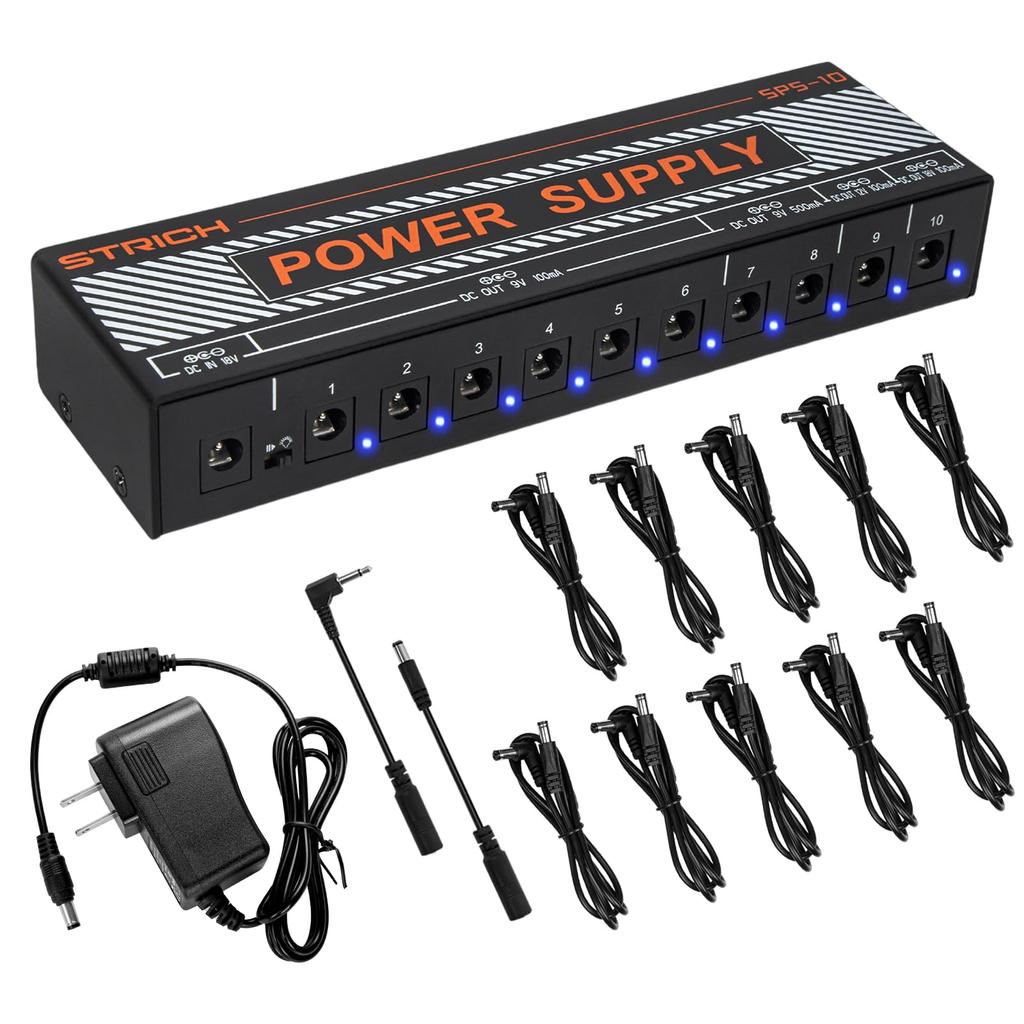 STRICH Effector Power Supply 10 Channels Guitar Pedal Power Supply DC Output 100mA 500mA Short Circuit Protection Noise Reduction Circuit Design Power