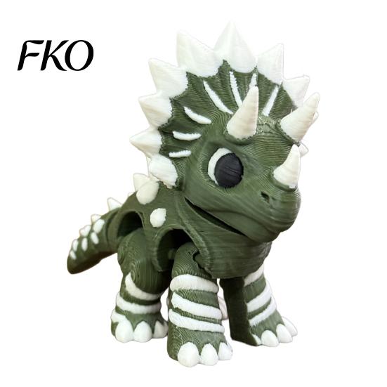 Small Dinosaur Model 3D Printed Three-Horned Figurine with Articulated Joints, Green White Desk Toy Display Cabinet Textured Spikes, Mini Collectible