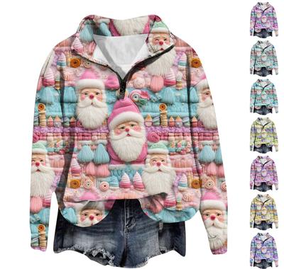 Рождественские толстовки для женщин, милый рождественский свитшот с 3D графическим принтом, большой пуловер на молнии с длинными рукавами и круглым вырезом, топы