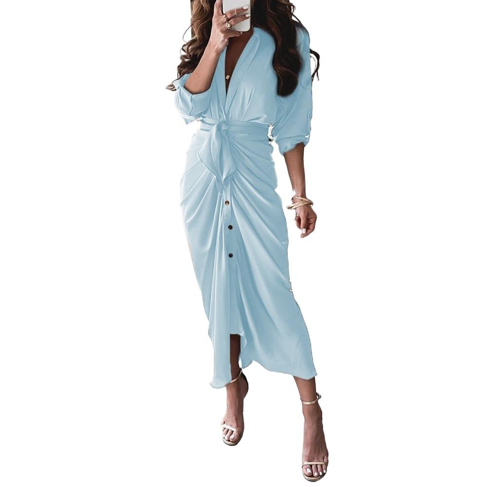 BITCED Женские летние платья с длинным рукавом и v-образным вырезом и пуговицами, длинные платья