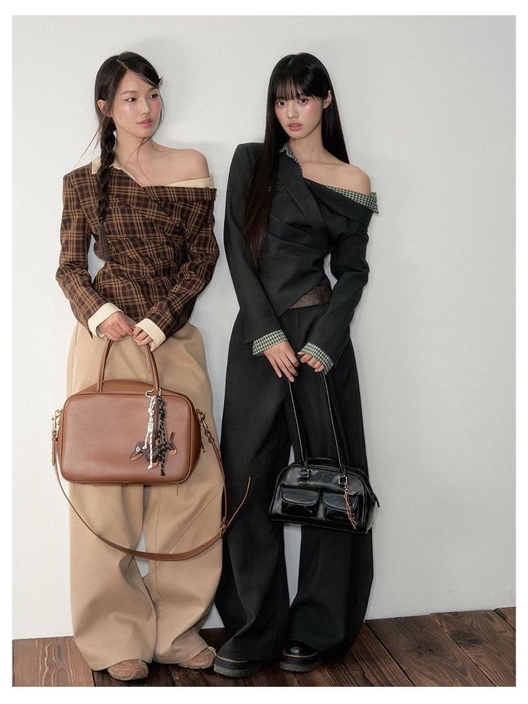 Осенняя клетчатая рубашка с длинным рукавом и открытыми плечами для женщин, приталенная, стройнящая, великолепный дизайн