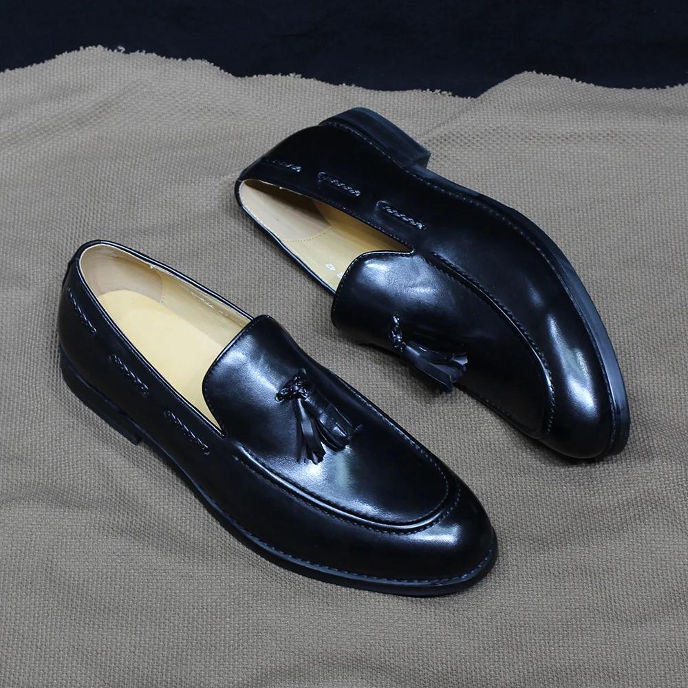 Fashion Classic Men's Genuine Cow Leather Tassel Loafers Slip-On Formal Dress Shoes Plain Toe Office Casual Loafers for Daily Wear