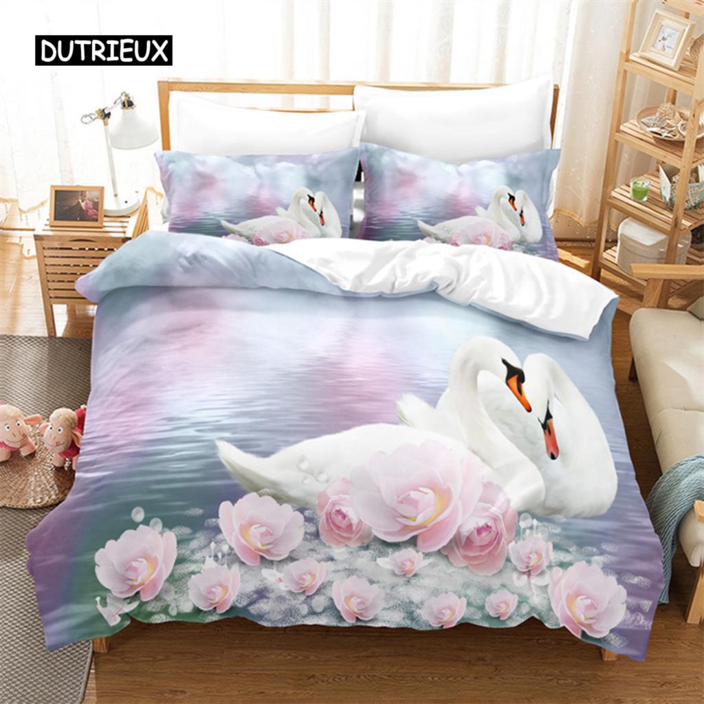 Комплект постельного белья Swan Rose Queen, комплект пододеяльников, постельное белье с цифровой печатью, комплект пододеяльников King Size, комплект постельного белья