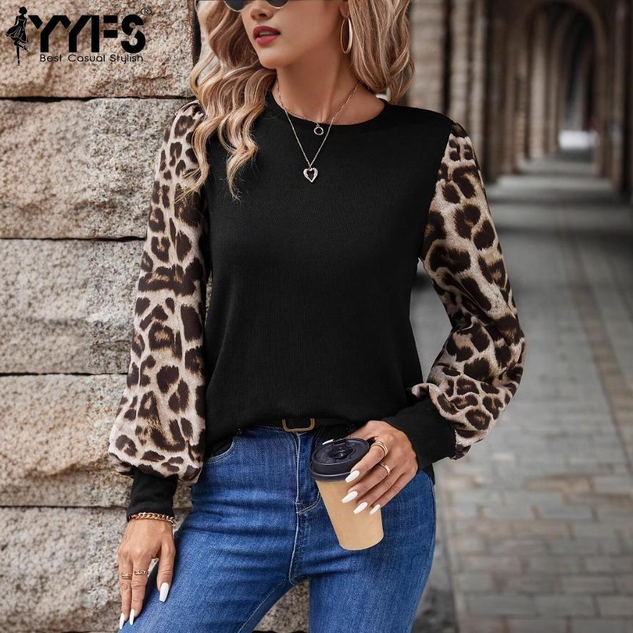 YYFS Женская мода повседневная весна осень леопардовый принт длинный рукав О-образный вырез блузки и рубашки