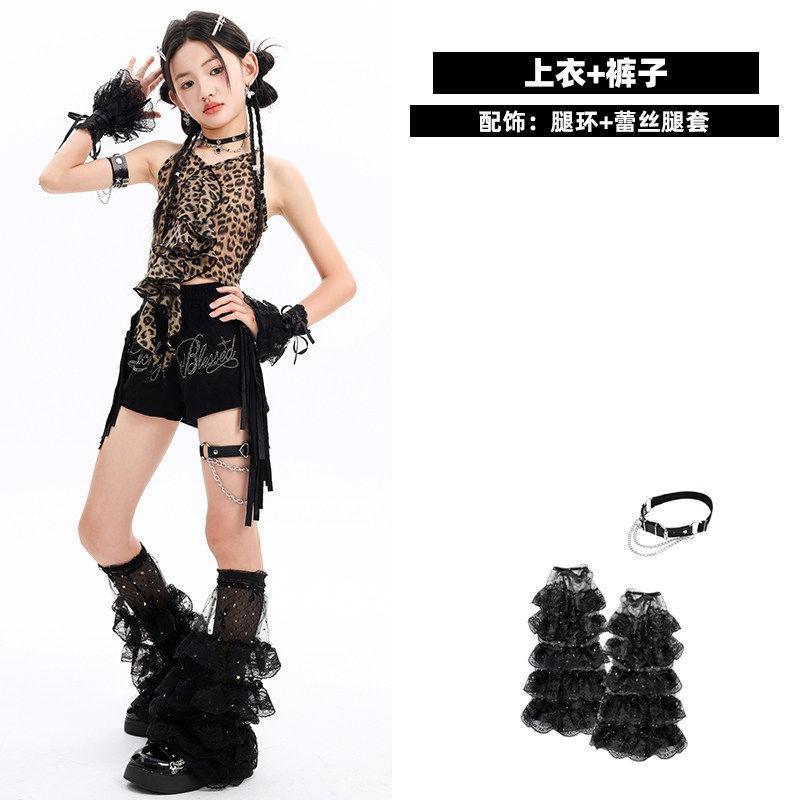 Girls Jazz Dance Outfit Leopard Print Crop Top Fringe Shorts Set Kids Performance