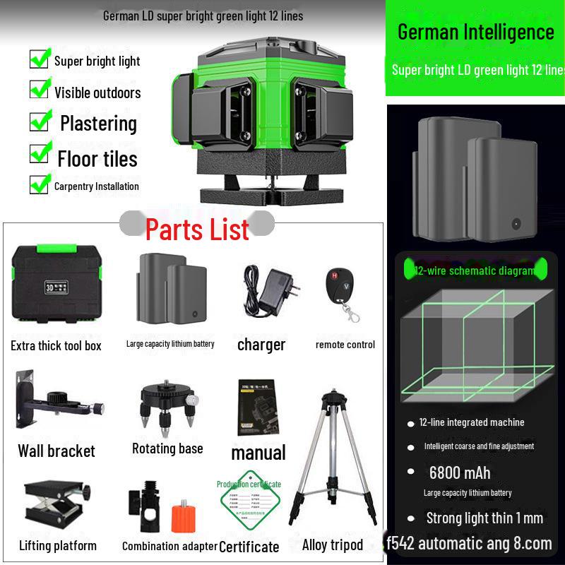 Высокоточный 16-линейный лазерный уровень с 12 зелеными световыми линиями для автоматического выравнивания пола и стен