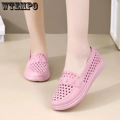 Женские полые дышащие плоские толстые каблуки нескользящие повседневные рабочие туфли весна лето большие размеры однотонные одинарные туфли