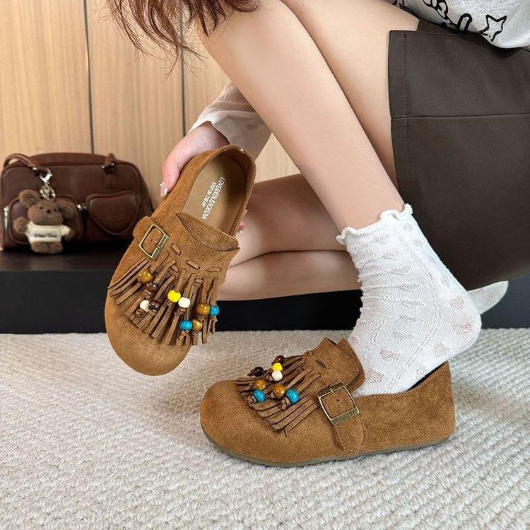 Толстоподошвенные Birkenstocks с бахромой осенние нишевые Doudou туфли с бусинами новые полностью закрытые Birkenstocks