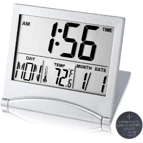 Digital Travel Alarm Clock Battery Operated, Portable Large Number Display Alarm Clock with Temperature,12/24 H Small Desk Clock -Silver (NO Light)