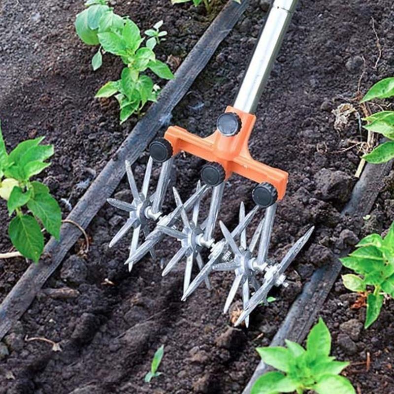 Manual Rotary Cultivator Tool Stainless Steel Teeth Adjustable Handle Garden Hand Tiller For Lawn