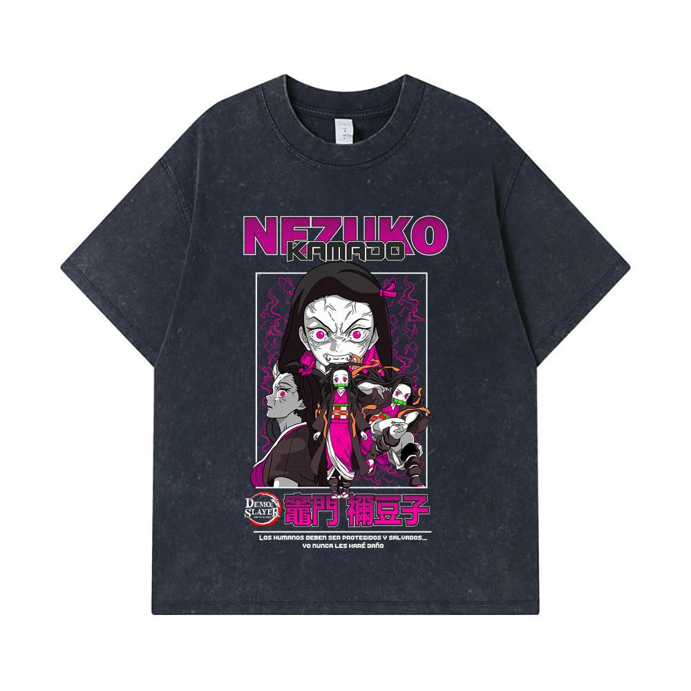 275 GSM Washed T-shirts 100% Cotton Demon Slayer V55 Nezuko Print Unisex Heavy Cotton T Shirt