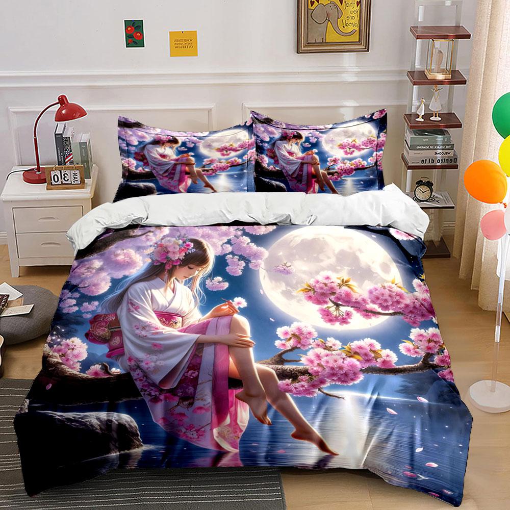 "Cherry Blossom Moonlit Decor Set" Bedding Set with 1 Duvet Cover 2 Pillowcases Single Double King Queen, Gift