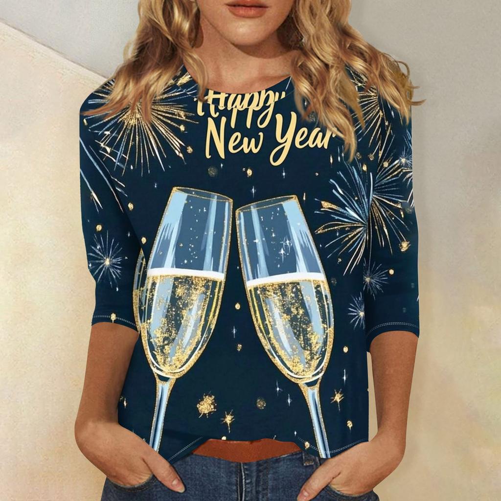 Женская мода повседневная новогодняя принтованная круглая горловина с рукавом три четверти топ Новый год 2025