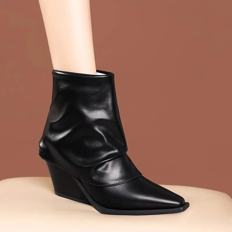 Женская обувь 2024 года, новые женские ботинки с боковой молнией, модные, с оторванным краем, для офиса и карьеры, сексуальные, с острым носком, на танкетке, ботильоны