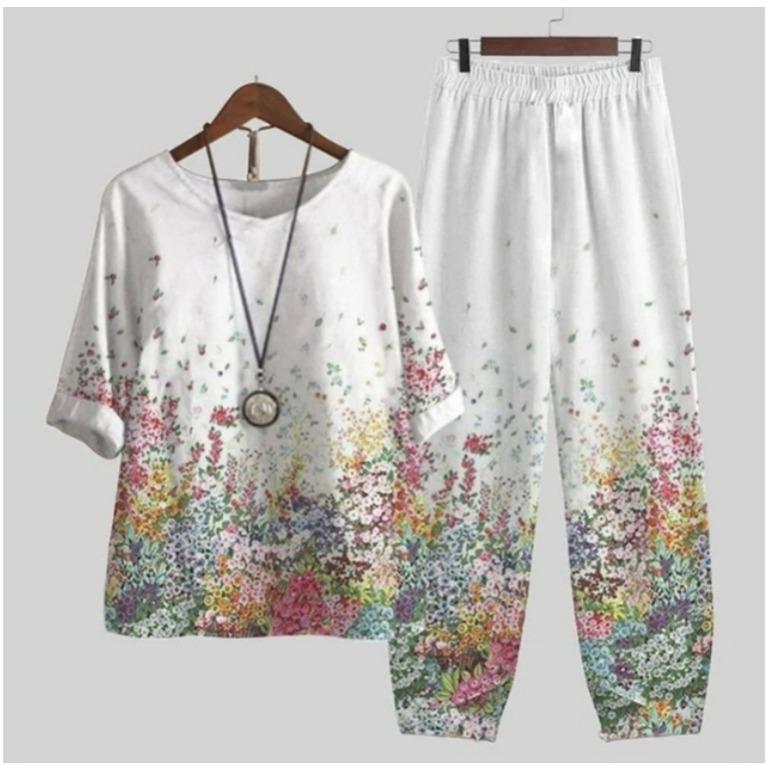 GMXIA Spring Women's Five-quarter Sleeve Printed Top and Pants Two-piece Set