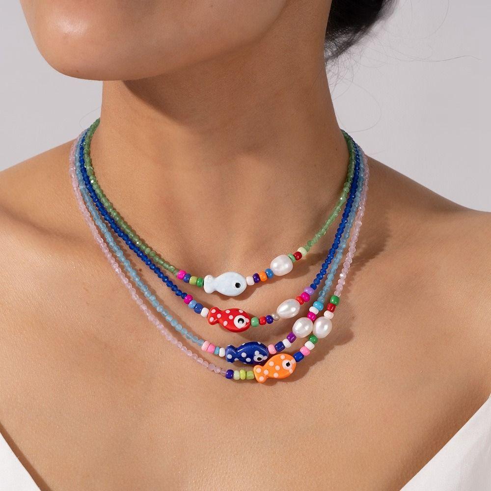 Jewelry Mini Fish Necklace Colorful Ocean Style Beach Choker Fish Pendant Necklace Vacation
