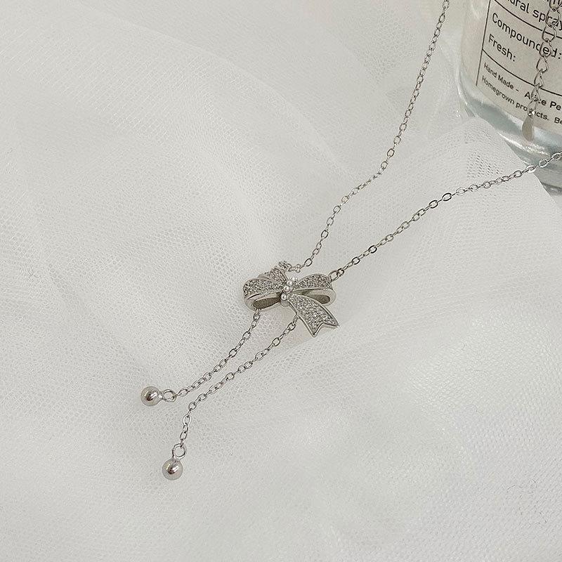 Pearl Full Diamond Bow Tassel Necklace, Sweet and High-end Feeling, Collarbone Chain, Versatile and Trendy Temperament