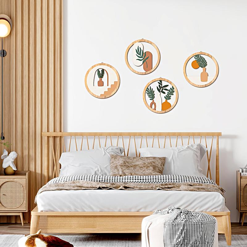 4pcs/Set Wood Homestay Crafts Decorative Hollow Pattern Wall Hanging Circular Design Pendants Home Decoration