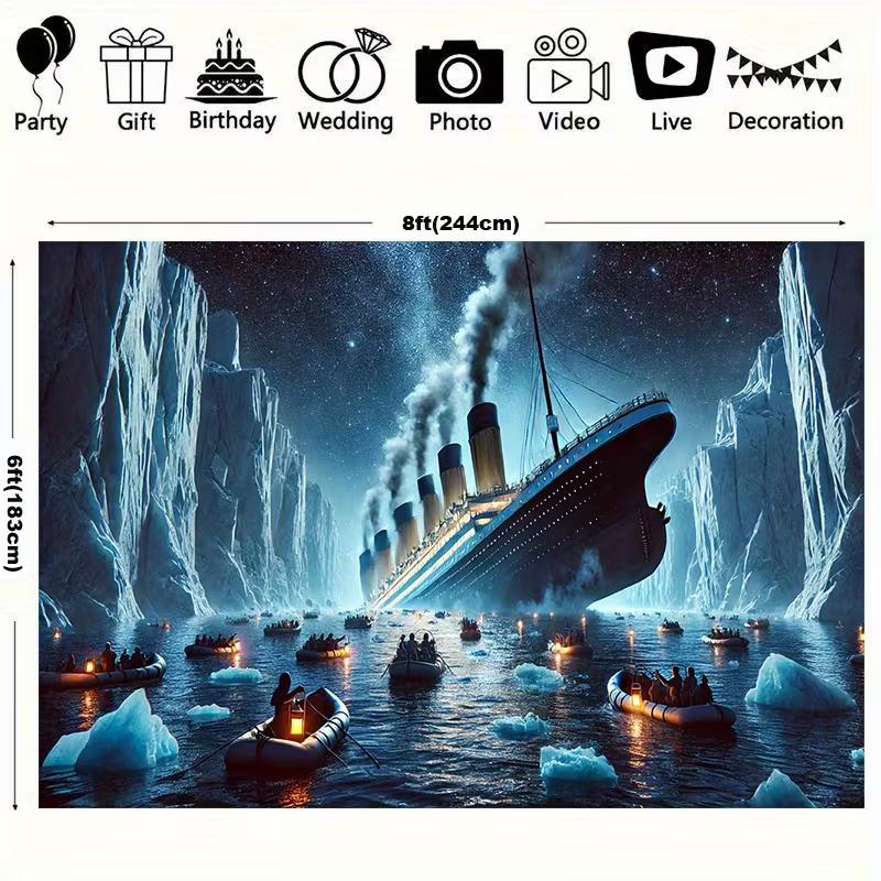 2D RMS Titanic Banner, Historical Ship Disaster Scene with Lifeboats