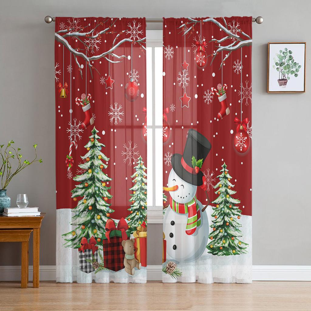 Christmas Tree Snowman Snowflake Gift Wood Grain Voile Curtains Bedroom Tulle Window Curtain Living Room Sheer Curtains Drapes
