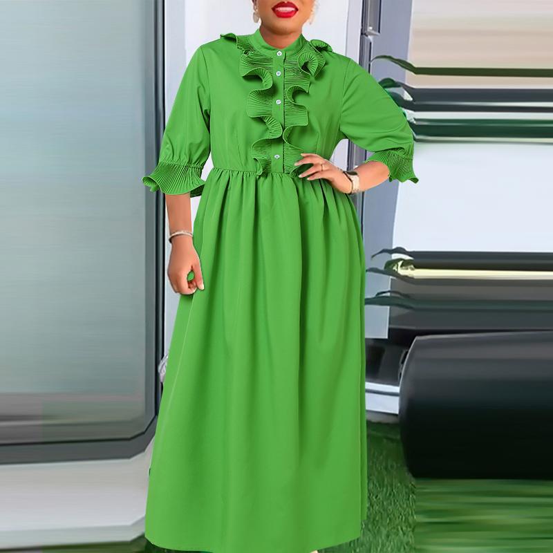 Plus Size Women Stand Vonda Collar Ruffled Mid Sleeve Solid Color Dresses