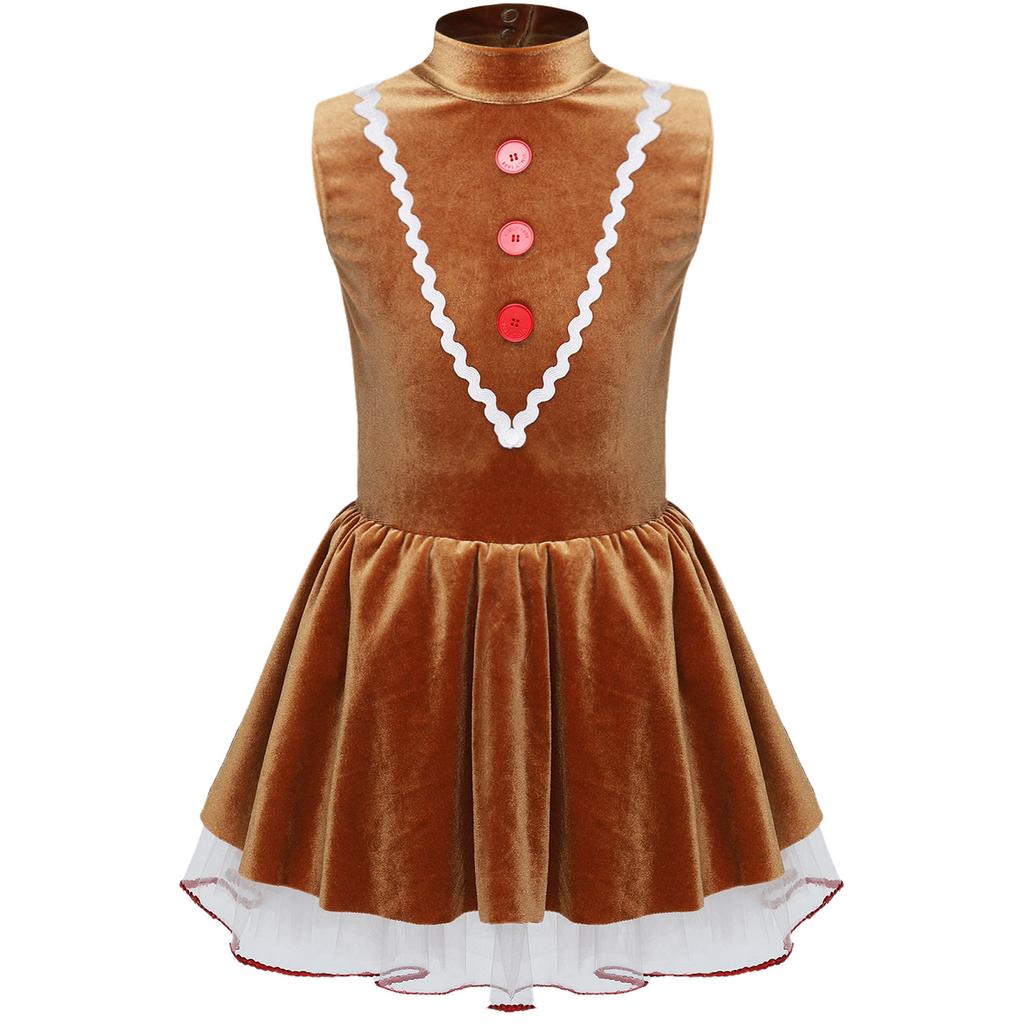 Girls Gingerbread Man Tutu Dress Christmas Costume Sleeveless Hollow Back Velvet Leotard