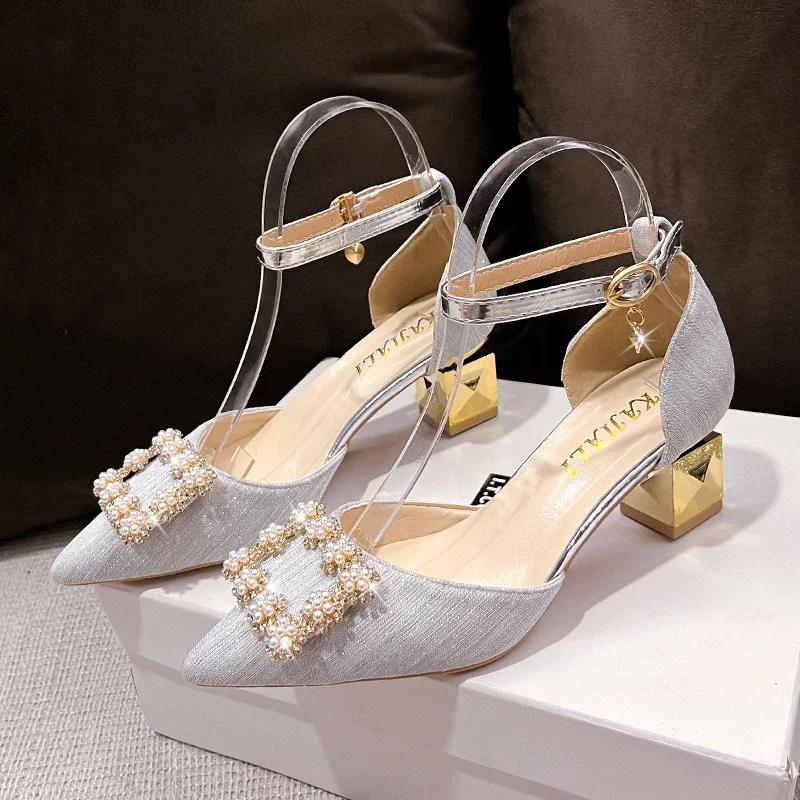 Fashion New High Heels Pearl Shoes Ladies Pointed Toe Ankle Buckle Strap Party Dress High Heels Women Solid Color Women Sandals