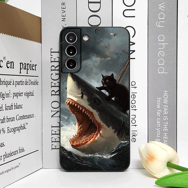 Забавный абстрактный чехол для телефона с акулой и черной кошкой для Samsung Galaxy S24+ S25 S23 Ultra S22 Plus S21FE M53 M34 M55 5G Матовый мягкий чехол