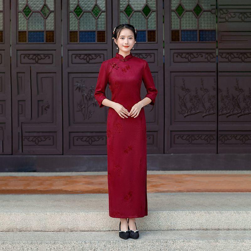 Женское платье Cheongsam цвета шампанского средней длины, весеннее и летнее повседневное платье