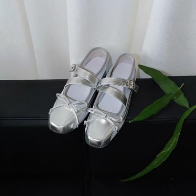 Suding Home~ Серебристые Одинарные Туфли Женские Ретро Мэри Джейн Универсальные Мягкая Кожа Бант Балетки Женские Оригинальные