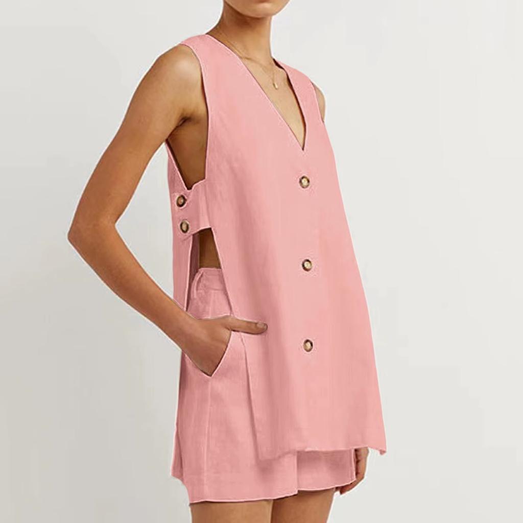 Белый хлопковый комплект для женщин, модный сексуальный топ без рукавов с пуговицами и длинными шортами, эластичный пояс, удобный домашний костюм для женщин