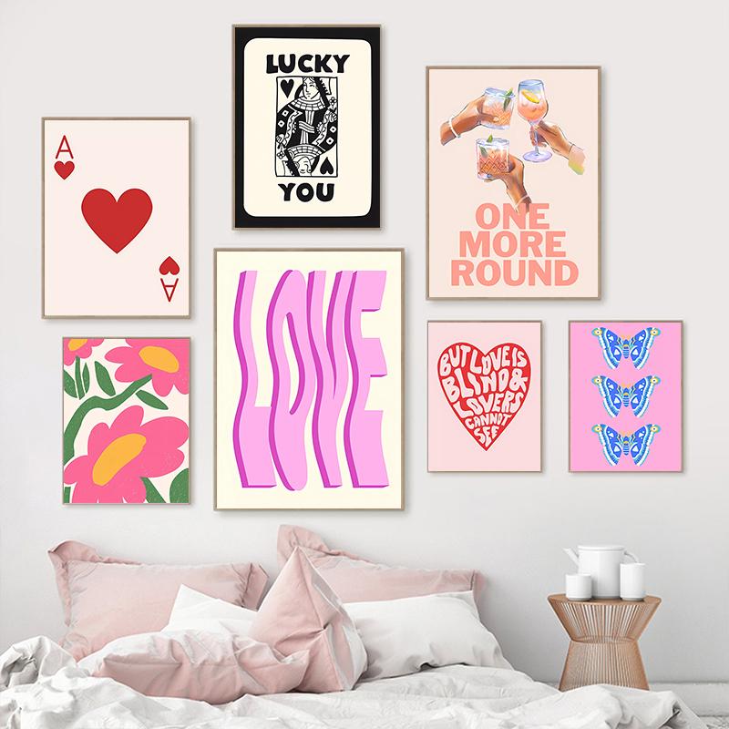 Retro Cocktail Disco Cherry Aesthetic Posters And Prints Pink Preppy Wall Art Canvas Painting Wall Pictures For Dorm Room Decor